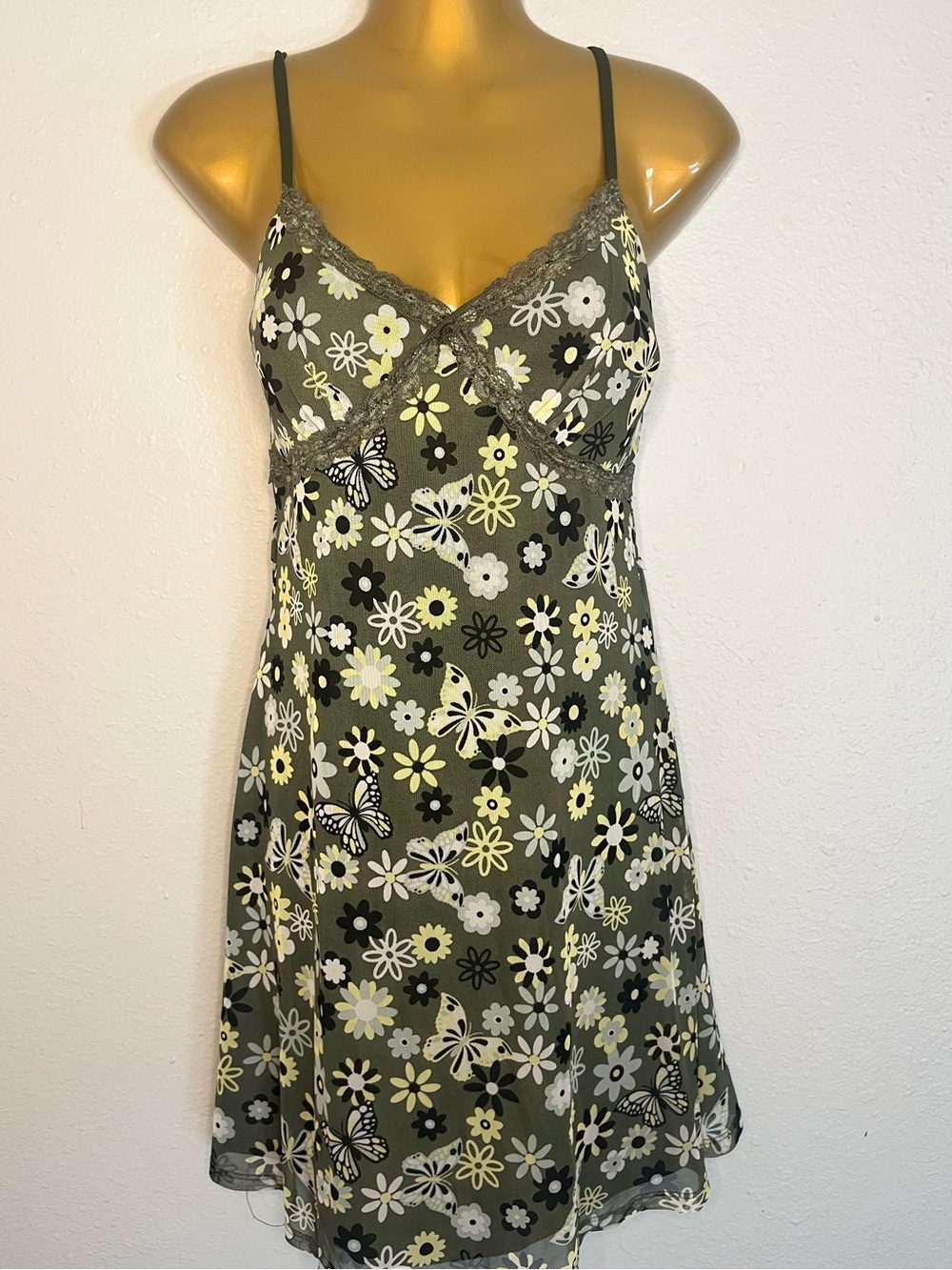 Women's Olive Green Floral Lace-Trim Chemise Nightdress